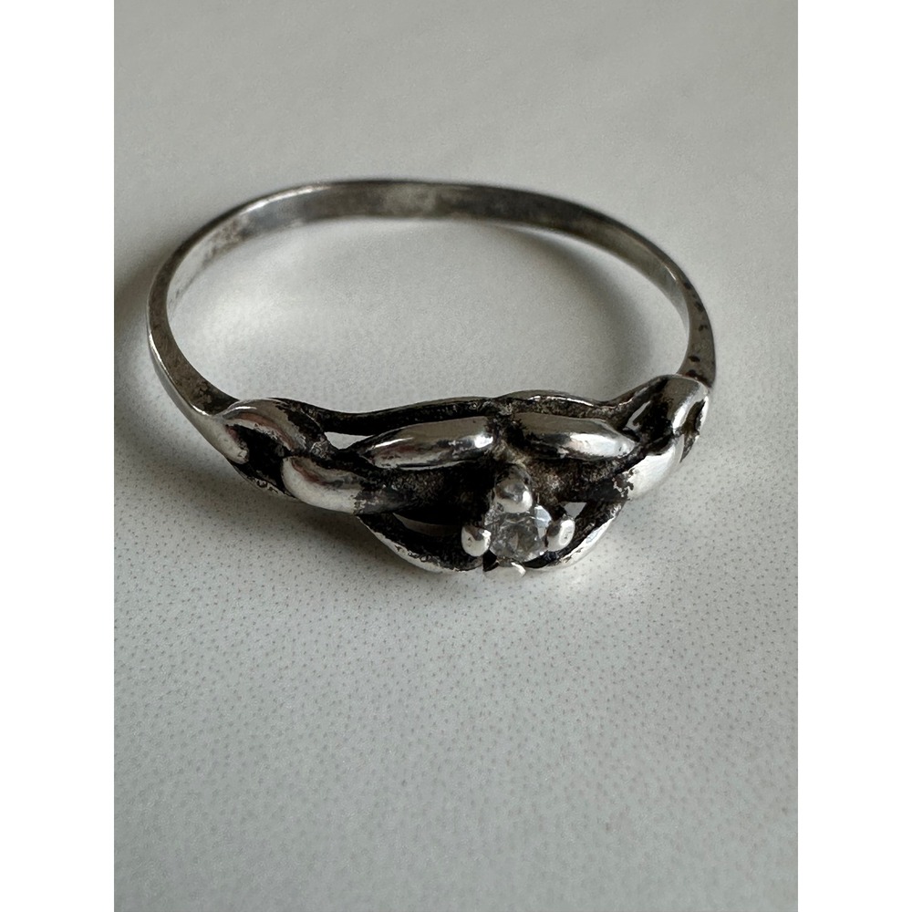 Antique Sterling Silver Knot Ring with Clear Stone Size 8.5 Oxidized Patina
